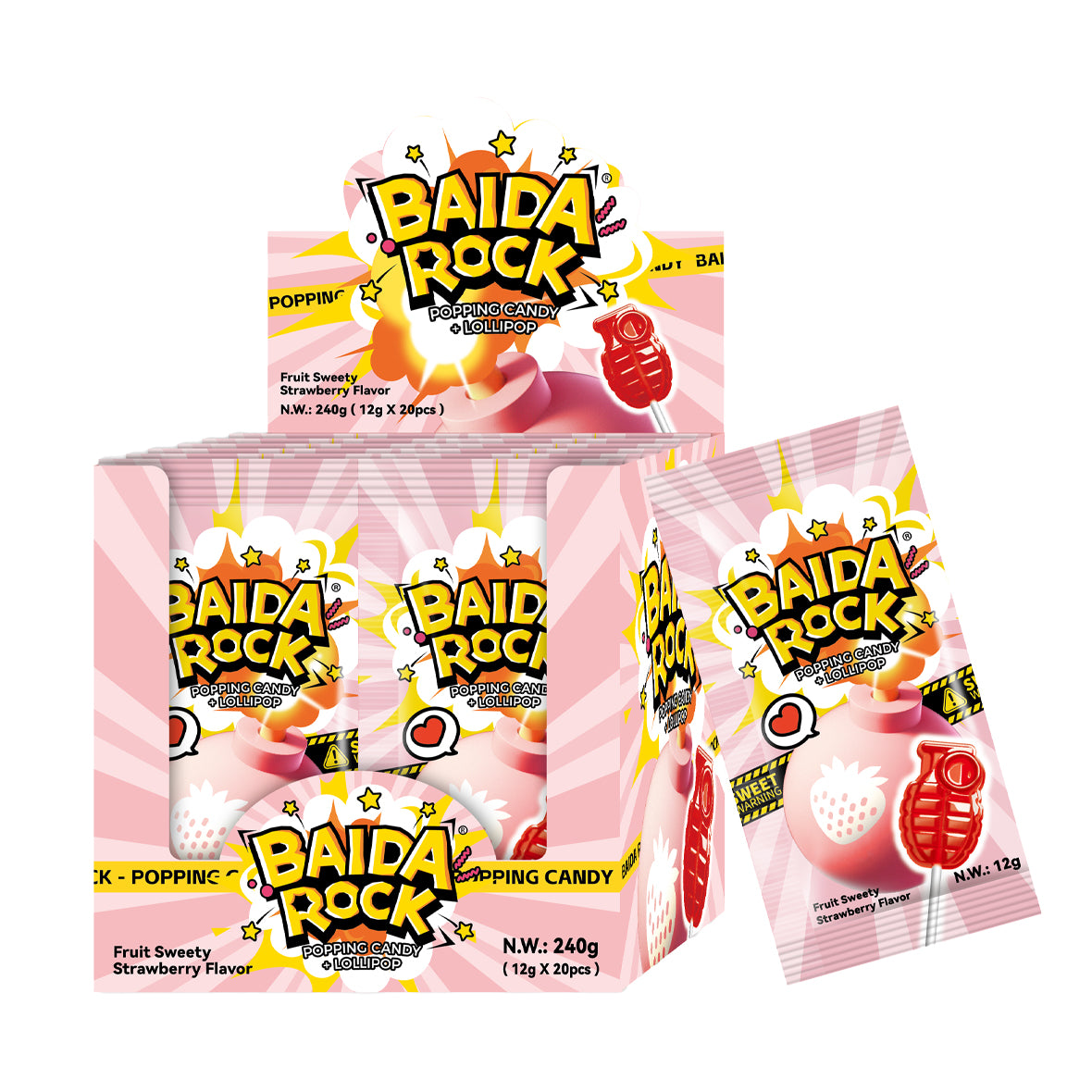 Baida Rock Popping Candy w/ Lolli Strawberry - 1 Box (12g*20)