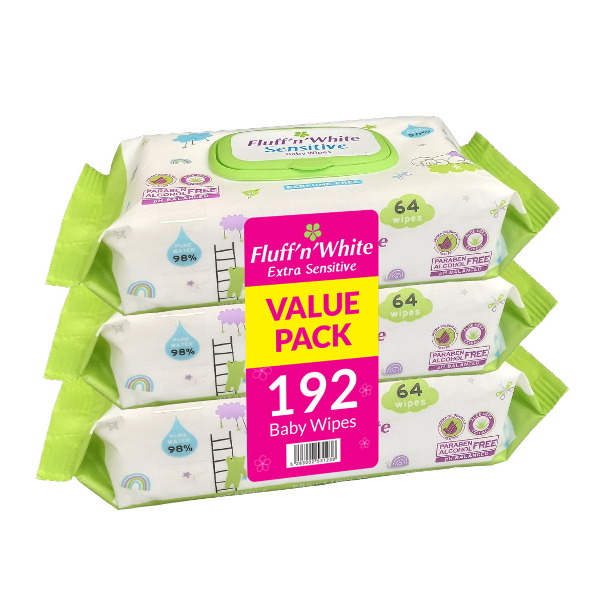 Fluff n White Sensitive Baby Wipes VALUE PACK (64 sheets*3)