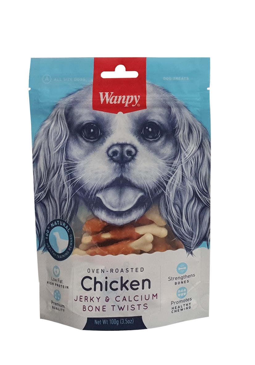 Wanpy Dog Chicken Jerky & Calcium Bone Twists 100g