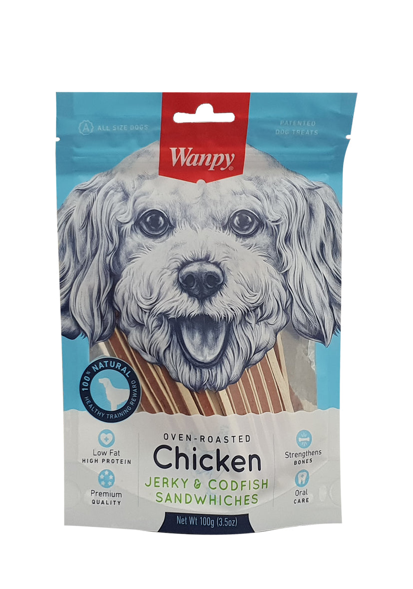 Wanpy Dog Chicken Jerky & Codfish Sandwiches 100g