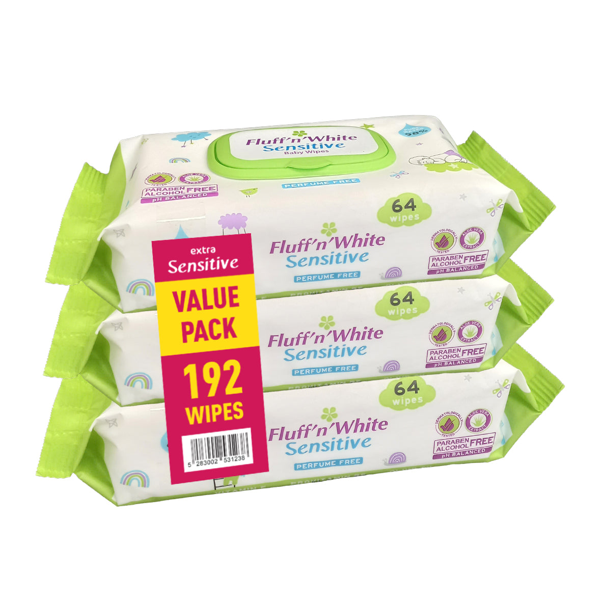 Fluff n White Sensitive Baby Wipes VALUE PACK (64 sheets*3)